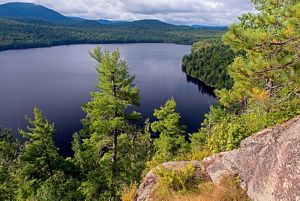 Elevated view of a lake surrounded by dark, dense green forests and mountainous terrain in the distance under cloudy sky.