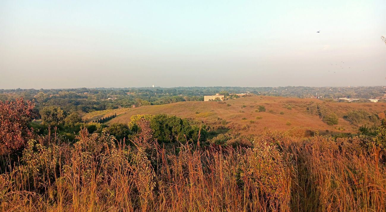 Looking across the golden hills of Sioux City Prairie at sunset.
