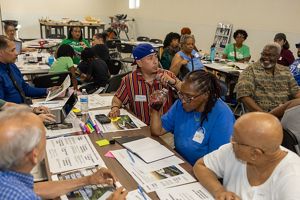 Numerous people sit around tables covered with print-outs, pens and markers. 
