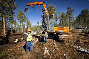 Two men stand in front of a piece of heavy equipment parked in a muddy forest clearing.