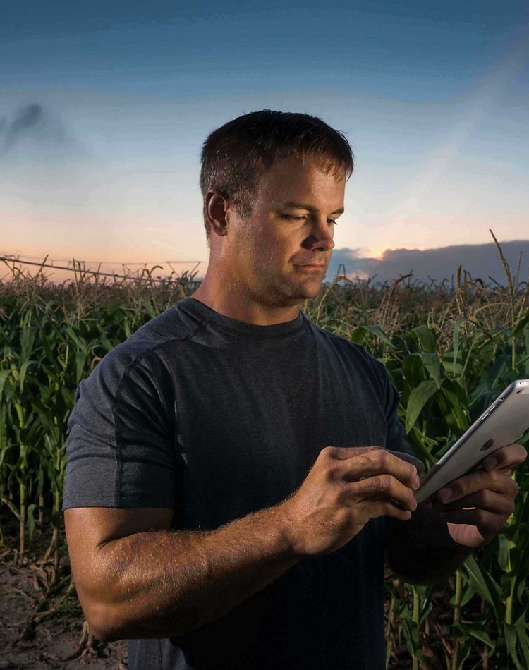man with tablet in cornfield center pivot irrigation
