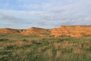 Tall green and brown grasses grow up the the base of large rocky outcrops.