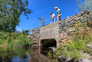 Two woman stand above a cement and stone culvert passing under a road in Lakeville, MA, that connects Assawompset Pond with Snake River.