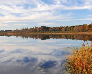 A view looking across Snow Lake, surrounded by trees with orange, red, yellow and brown fall foliage.