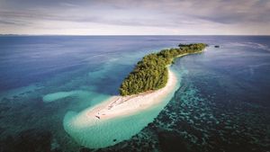 Aerial view of a narrow island. Crystal clear water covers the sandy island edge. Thick lush trees grow along the island's spine.