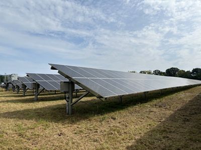 Solar panels in a grassy field on a sunny day.