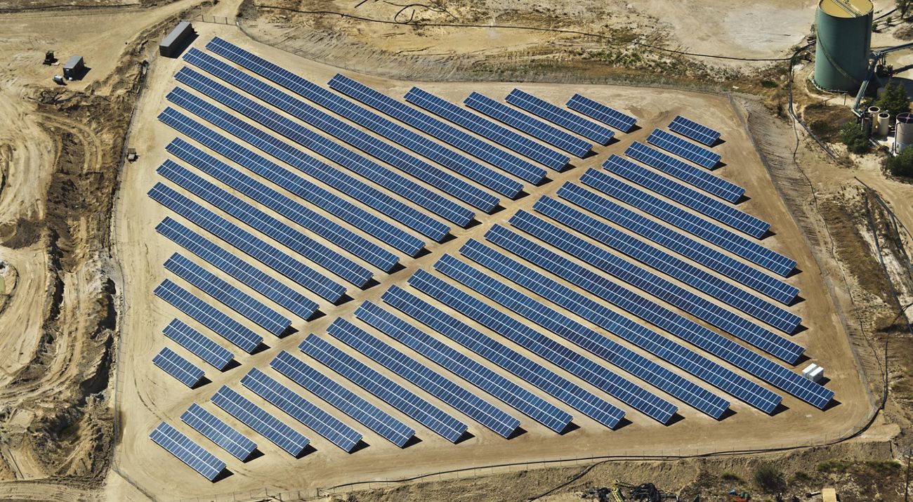 Aerial image of solar array in the desert.