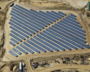 An aerial view of an array of solar panels at a quarry near Byron, California.