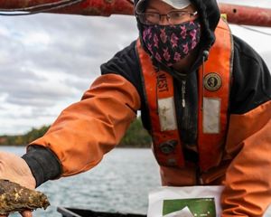 A man in orange waders holding a clump of oysters.