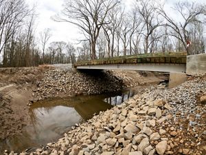 Bridge over a water. Trees in the background.