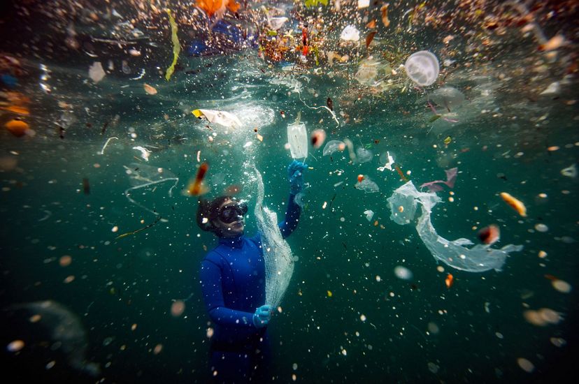 in an underwater image, someone in blue swims, surrounded by numerous pieces of brightly colored garbage