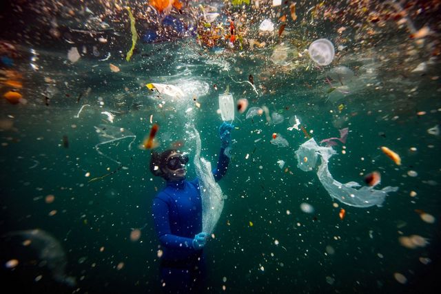 A diver swims underwater among trash and plastic.