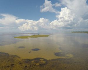 View of bay with green and blue water under a blue cloudy sky.