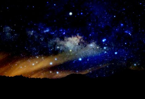 Stars shine in a night sky.