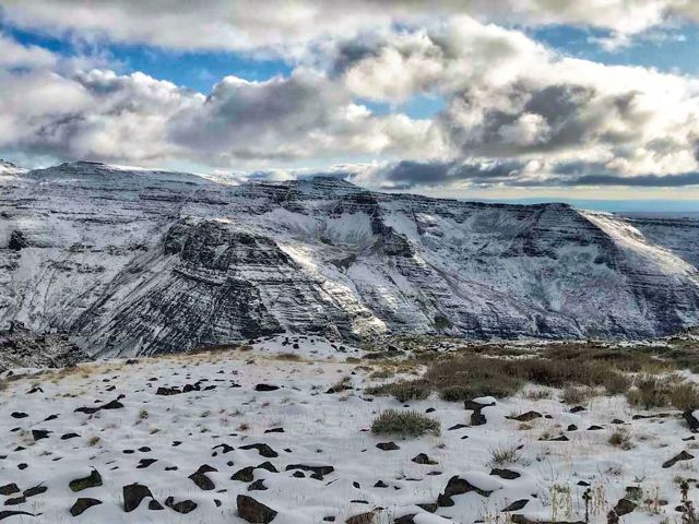 Varying amounts of snowfall on Steens Loop Road on the way up to Kiger Gorge.