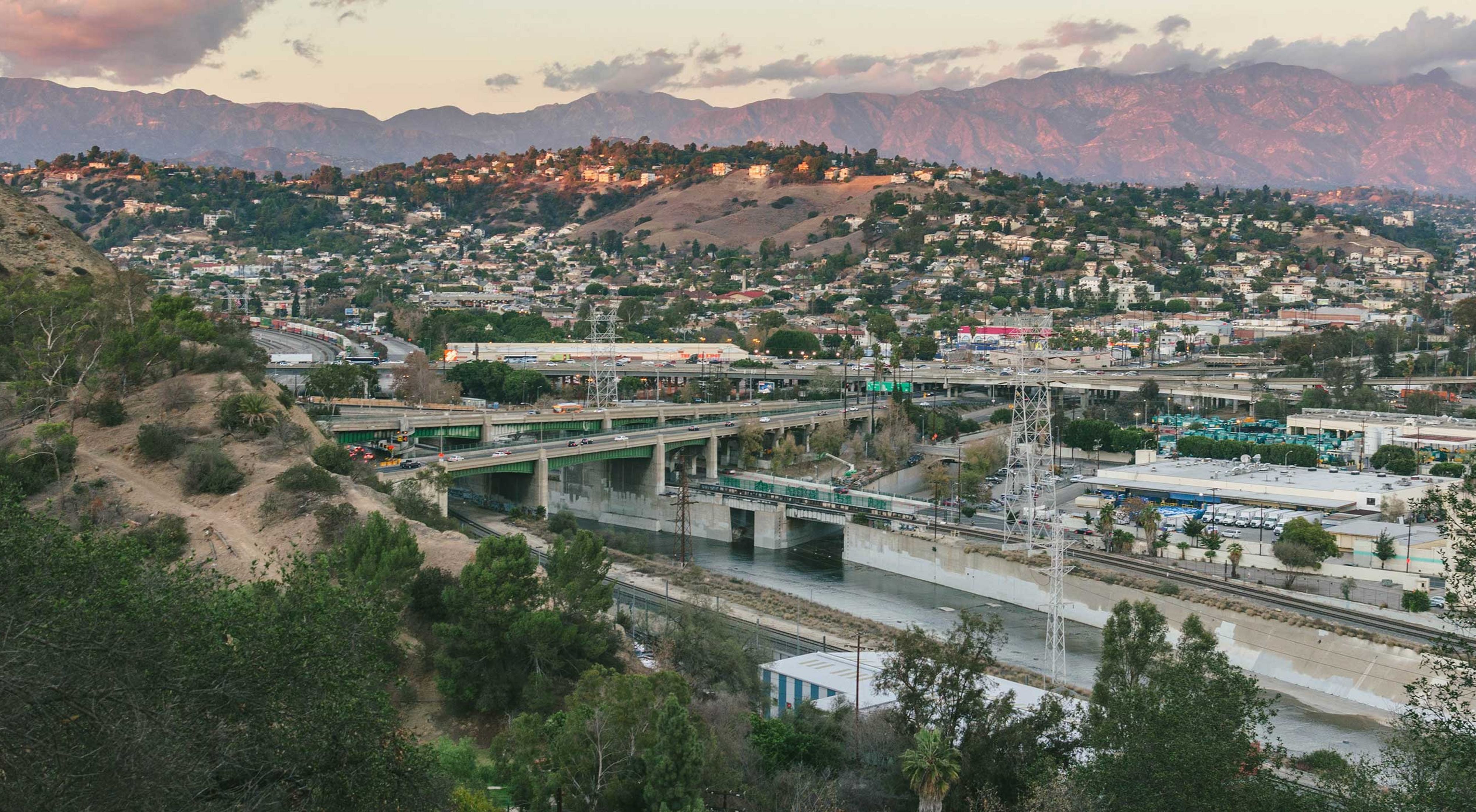 Freeways, roads and buildings in the hilly landscape of Northeast Los Angeles.