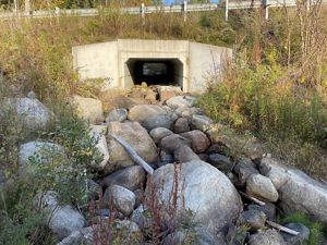 A large concrete box culvert with rocks and water coming out of it.