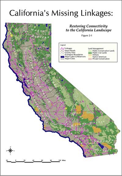 Map of state of California from 2001 California Missing Linkages Report.