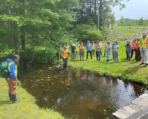 A group of people gather around a small stream to listen to a speaker.