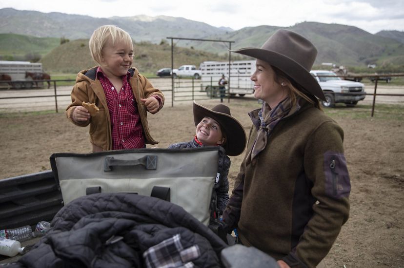 Jessica Cardon jokes with two children at Beard Ranch.