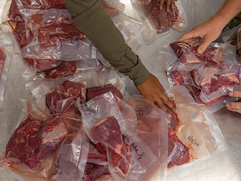 A close up image of several vacuum-sealed plastic bags containing raw meat.