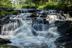 Water cascades over rocks in a forest.