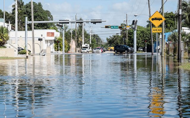 City streets are completely covered with flood waters.