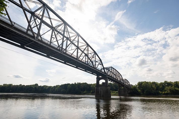 Tiny super gage on bridge support spanning the Wabash River in New Harmony, Indiana.