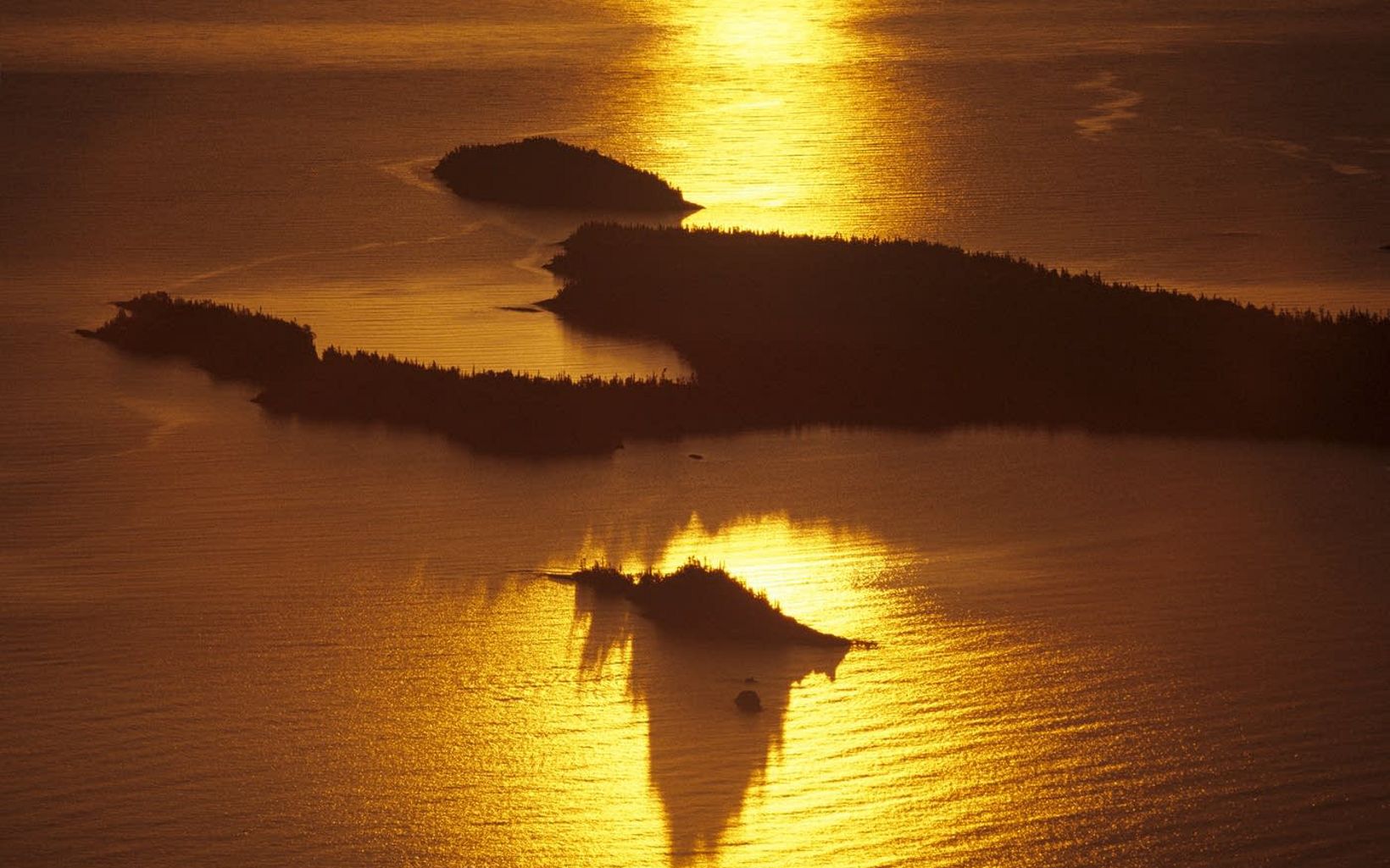 Aerial shot of Susie Island on Lake Superior at sunrise.