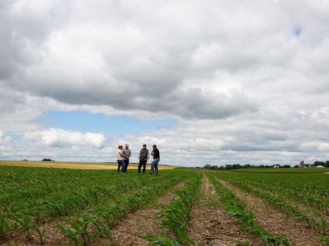 Four people standing in a no-till farm field.