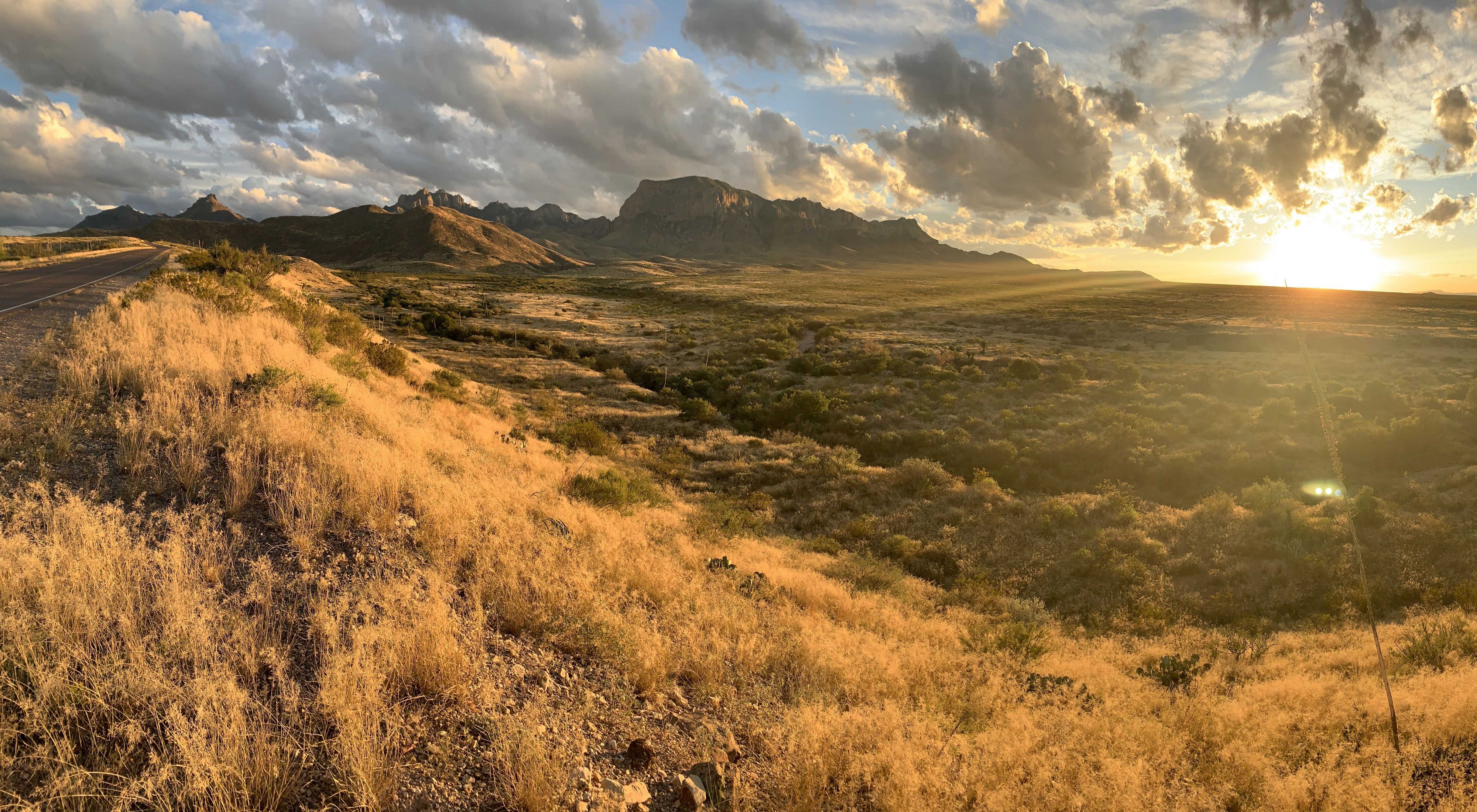 Shrubs and tall grass meet towering rocky mountains as the sun rises along a West Texas road.
