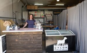 Leslie Svacina stands behind a counter of a storefront; a meat cooler stands next to the counter and has a logo for Cylon Rolling Acres on it.