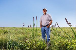 A man in a hat stands in a field of tall green grass and purple flowers.