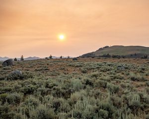 A smoke-filled sky over a sagebrush field.
