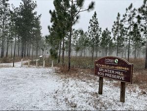 A brown sign highlights a preserve locasted in a snow covered landscape.