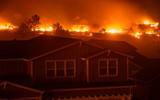 The "Glass Fire" burns homes and wildland in the Skyhawk Community in Santa Rosa, California on the night of September 27-28, 2020.