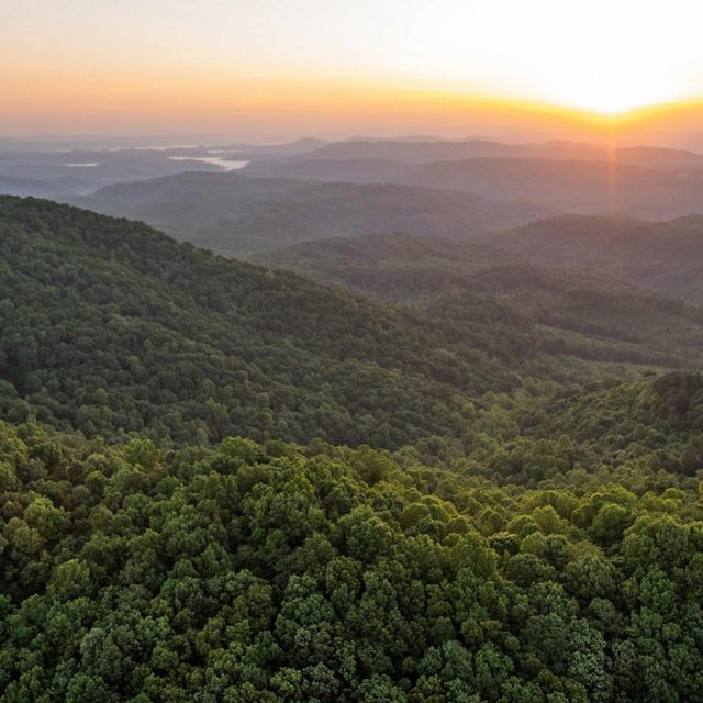 Aerial view of dense wooded mountains with fog and sunset in the background.