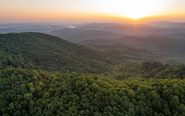 Imagen aérea del amanecer tomada cerca de la frontera de Tennessee y Kentucky de las tierras protegidas por el proyecto Cumberland Forest de The Nature Conservancy.