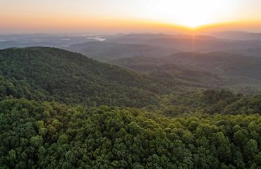 Rolling, forested mountain ridges roll towards the horizon and the rising sun. White mists rises from the valleys in the distance.
