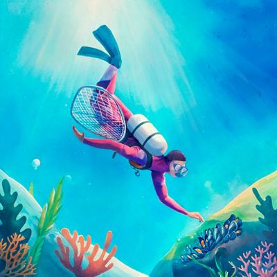 Ilustración que muestra a un buzo descendiendo hacia el fondo marino para representar actividades pesqueras. 