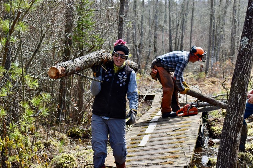 Elizabeth Hanson carries a large log over her shoulder as she walks on a wooden boardwalk.