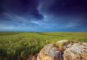 Dark and stormy sky above lush, green grasses and rock outcrop.