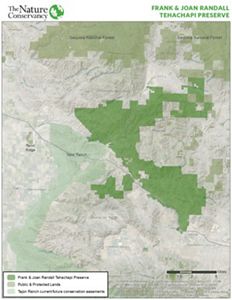 A map of central California outlining the new Frank and Joan Randall Preserve near Tejon Ranch.