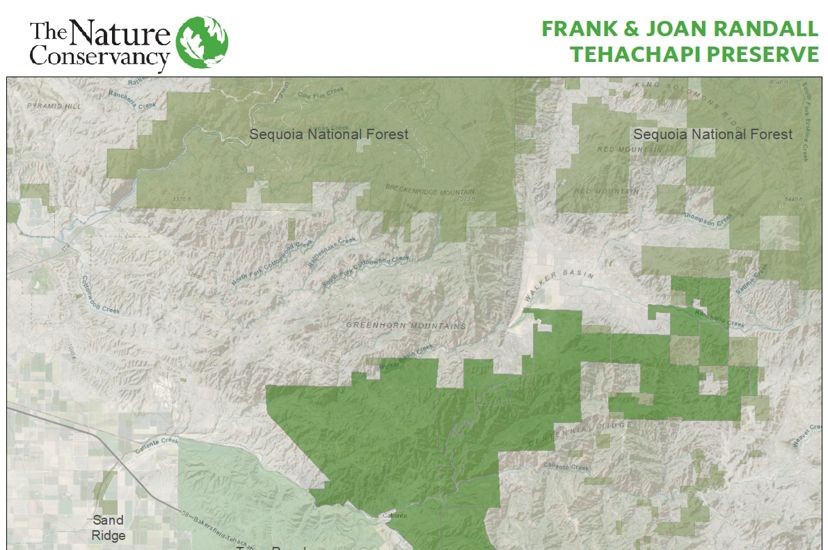 A map of central California outlining the new Frank and Joan Randall Preserve near Tejon Ranch.