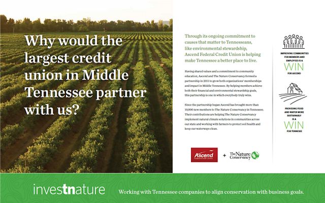 An ad promotes a partnership between TNC and Ascend, and includes a photo of row crops.