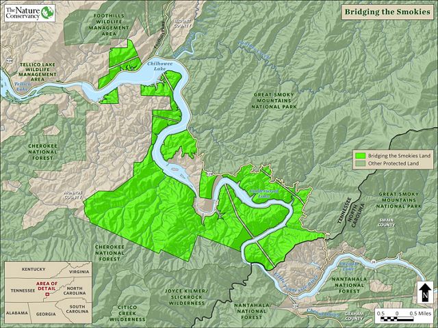 A map highlights lands protected around a river corridor and near a national park.