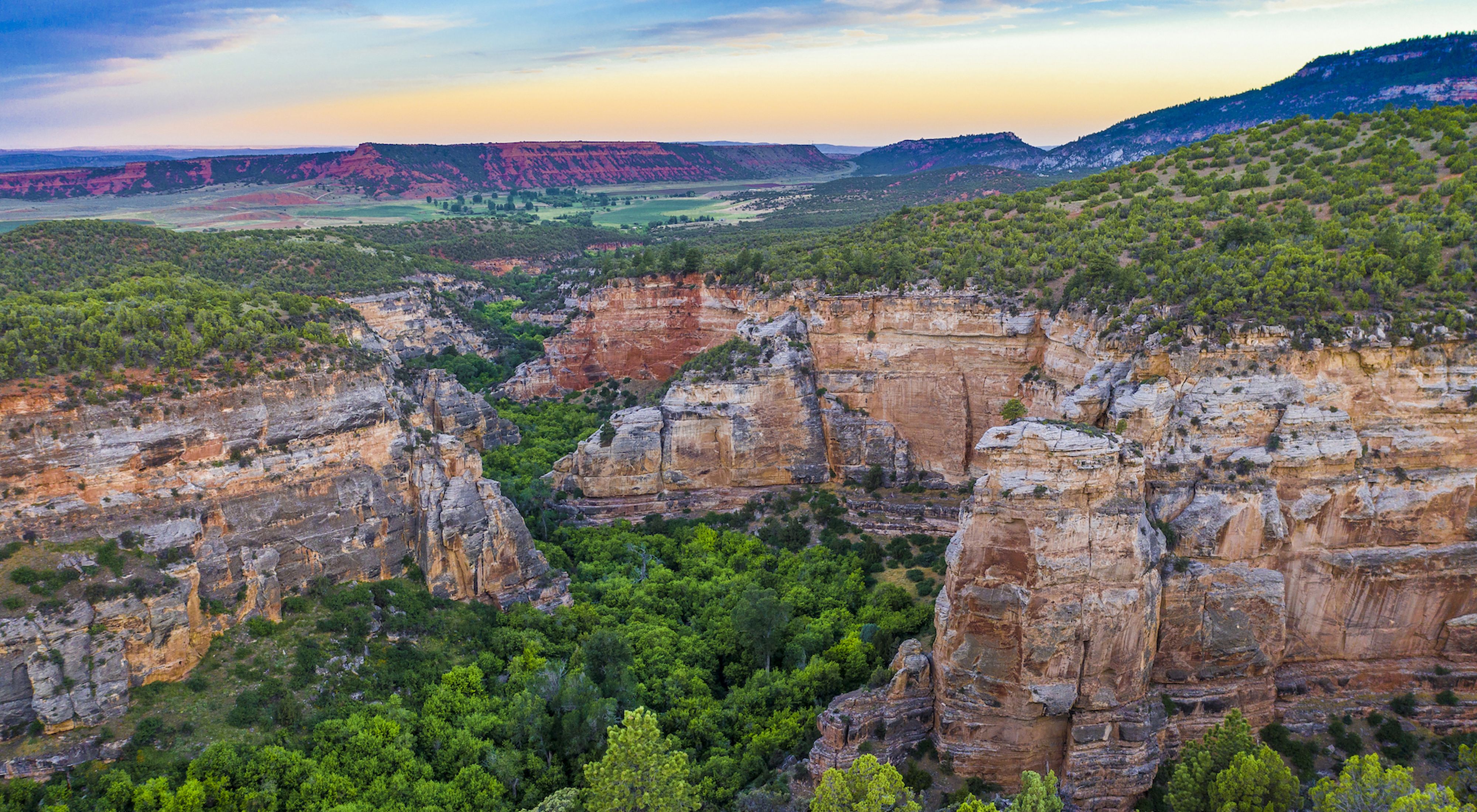 A sunset sky over rocky canyons covered in lush green bushes. 