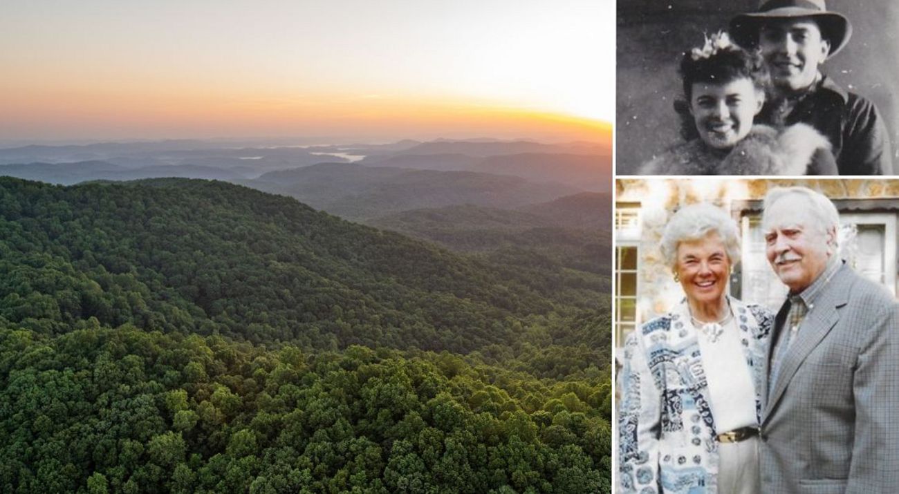 A collage of images featuring Anne and Gene Worrell together throughout the years along with a view of the Cumberland Forest.