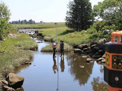 Workers take measurements in a tidal stream.