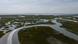 An aerial shot features the tidal marsh in Virginia's Eastern Shore.